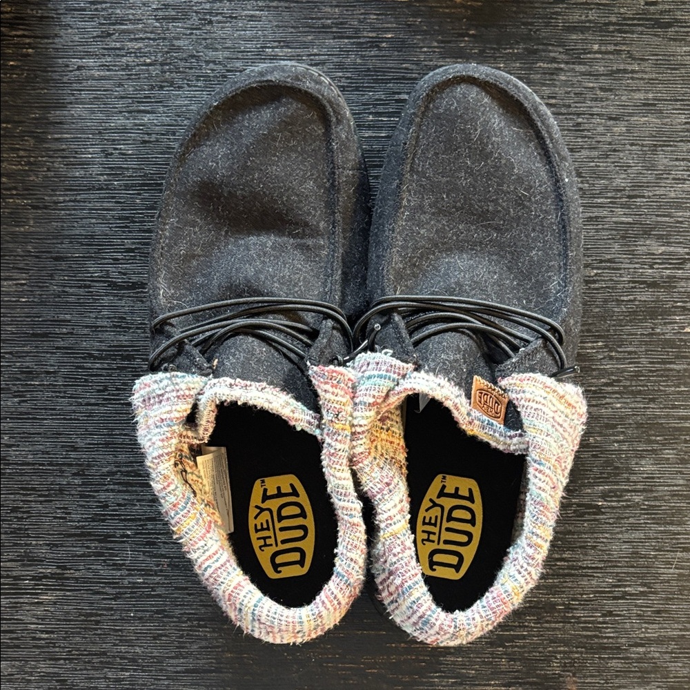 Hey Dude Women size 9W. Charcoal and Colorful Trim Shoes